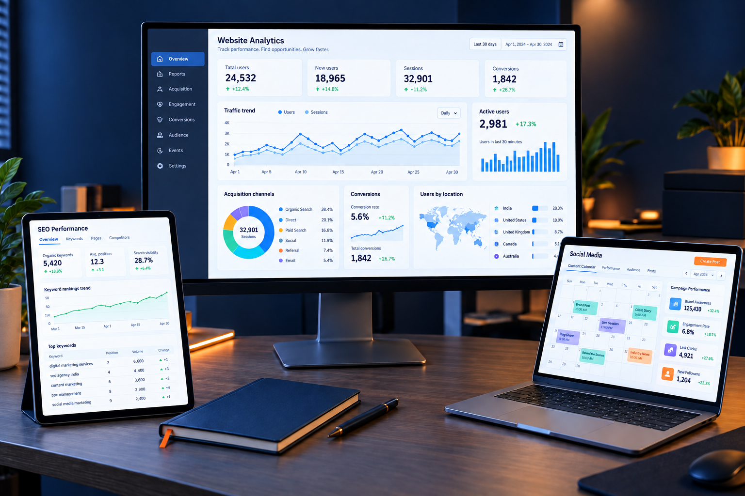 Marketing analytics workspace showing website traffic, SEO performance and social media campaign dashboards