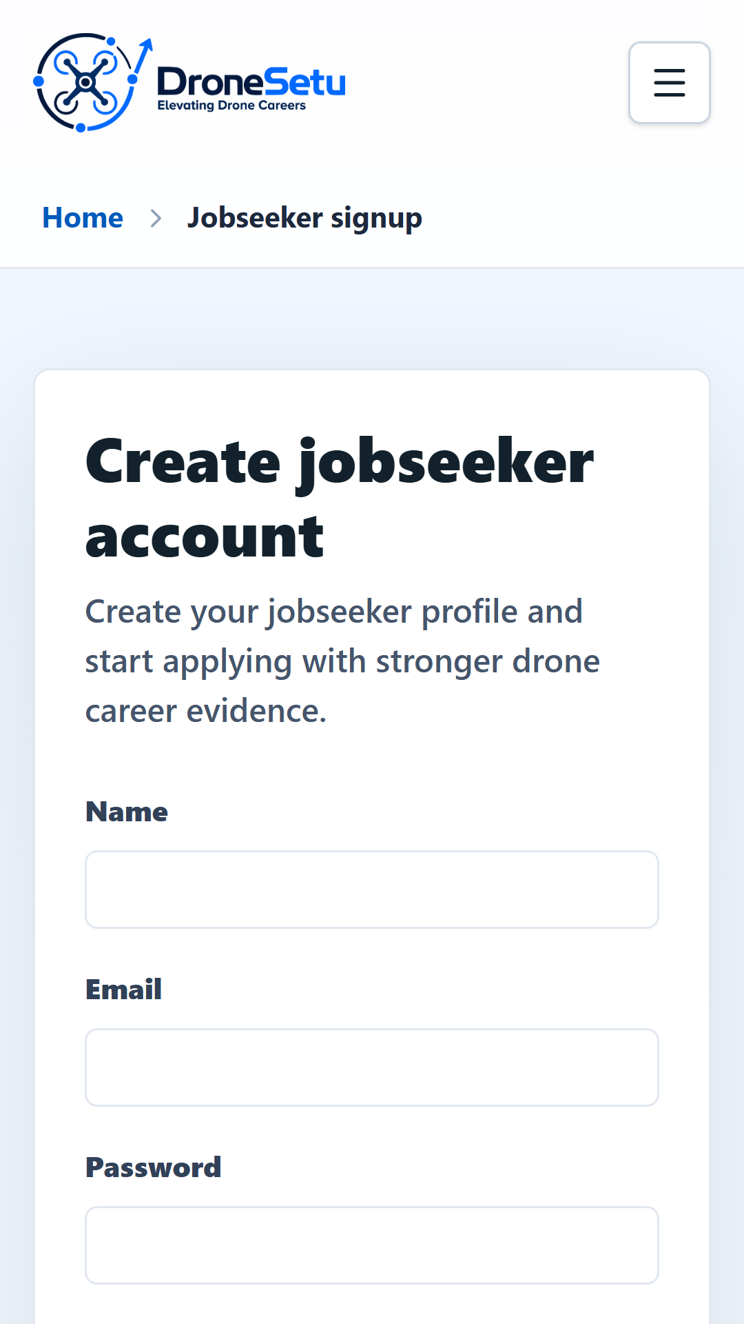 DroneSetu Mobile-first jobseeker onboarding screen