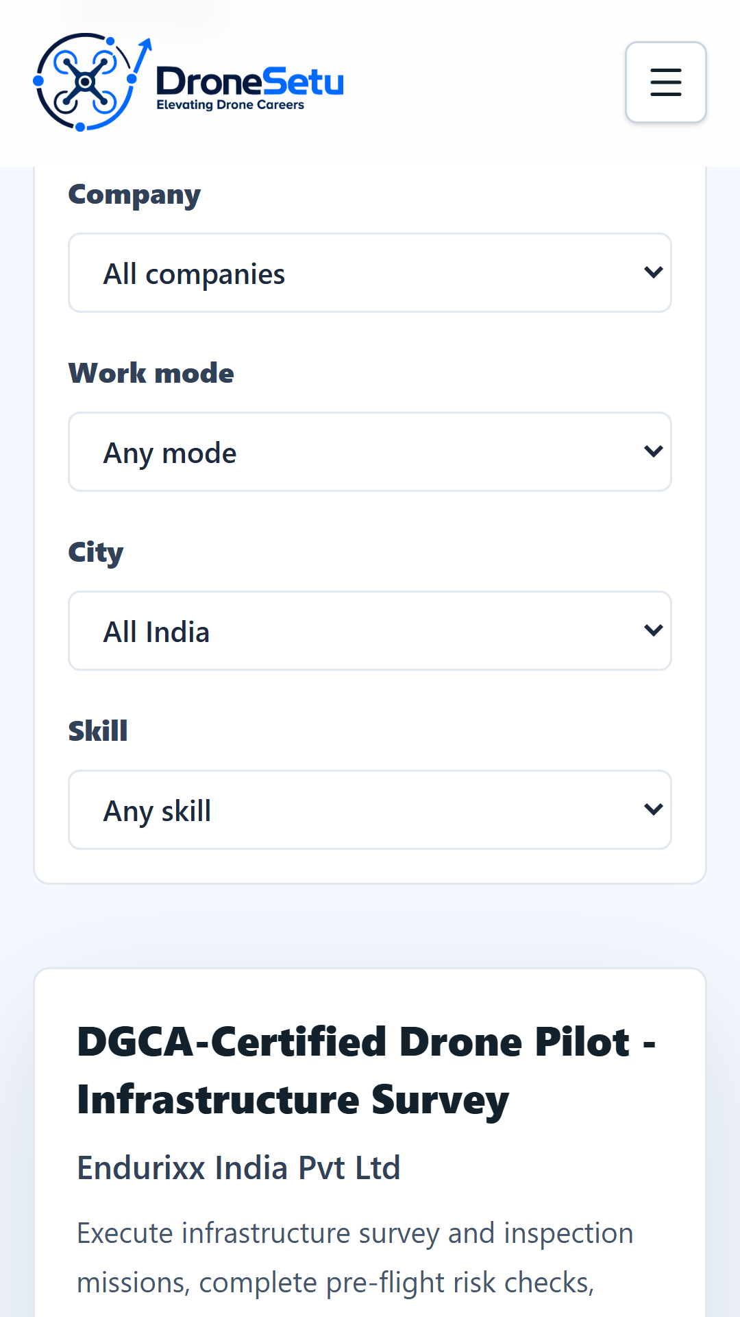 DroneSetu Focused job search and filtering screen