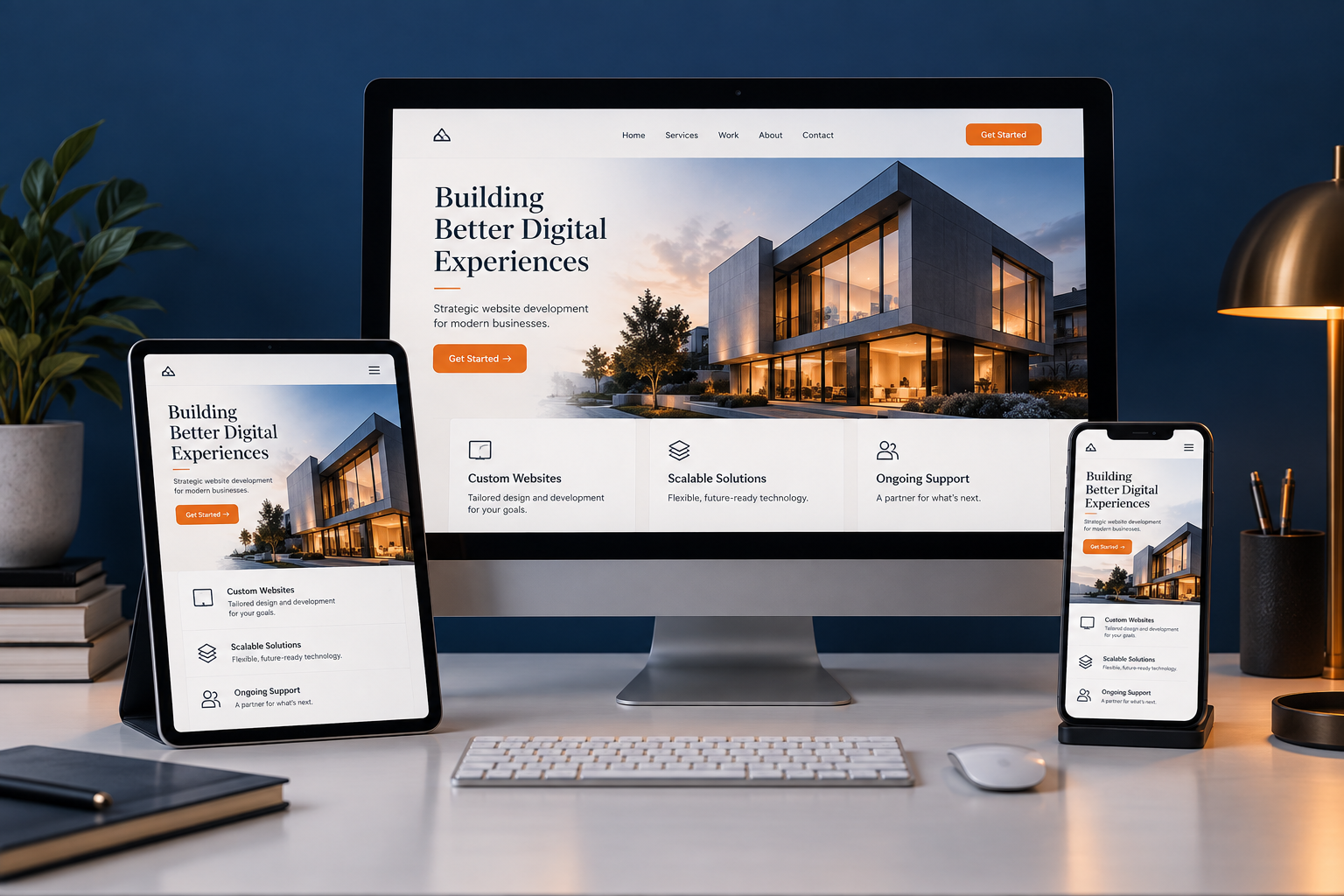 Responsive business website displayed on a desktop monitor, tablet and smartphone